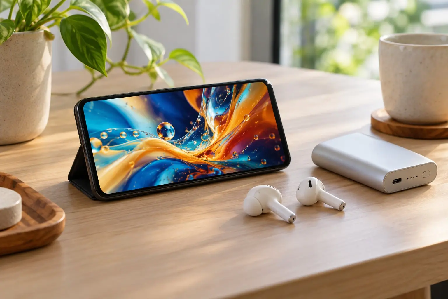 A smartphone on a desk streaming video, next to headphones and a power bank
