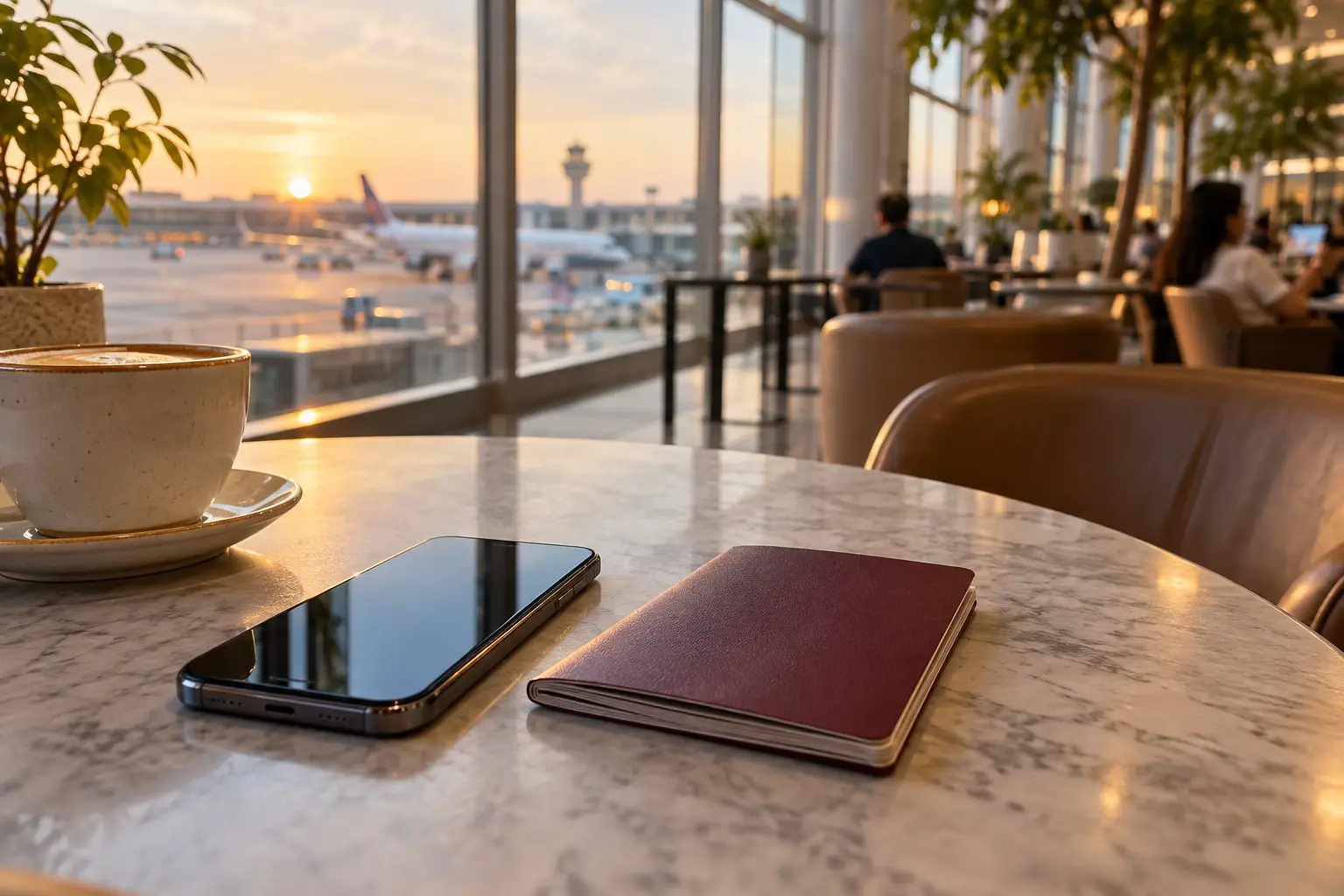 A smartphone and passport on a cafe table with an airport departure board blurred behind