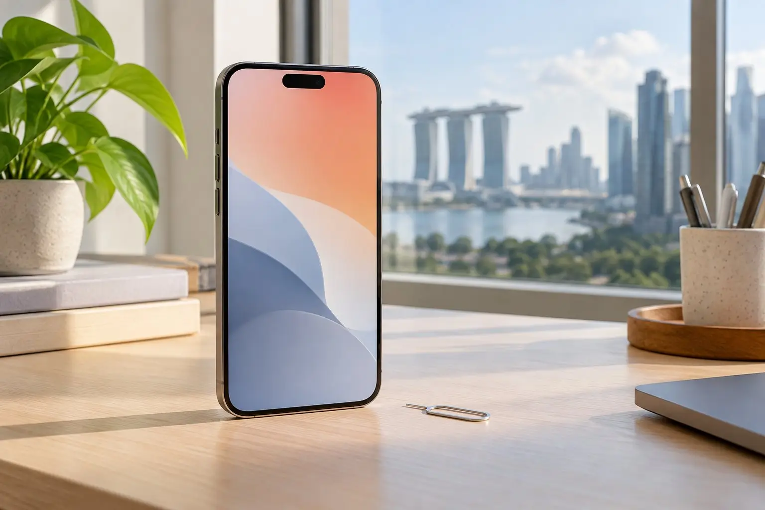 A smartphone standing on a desk beside a small SIM-tray tool