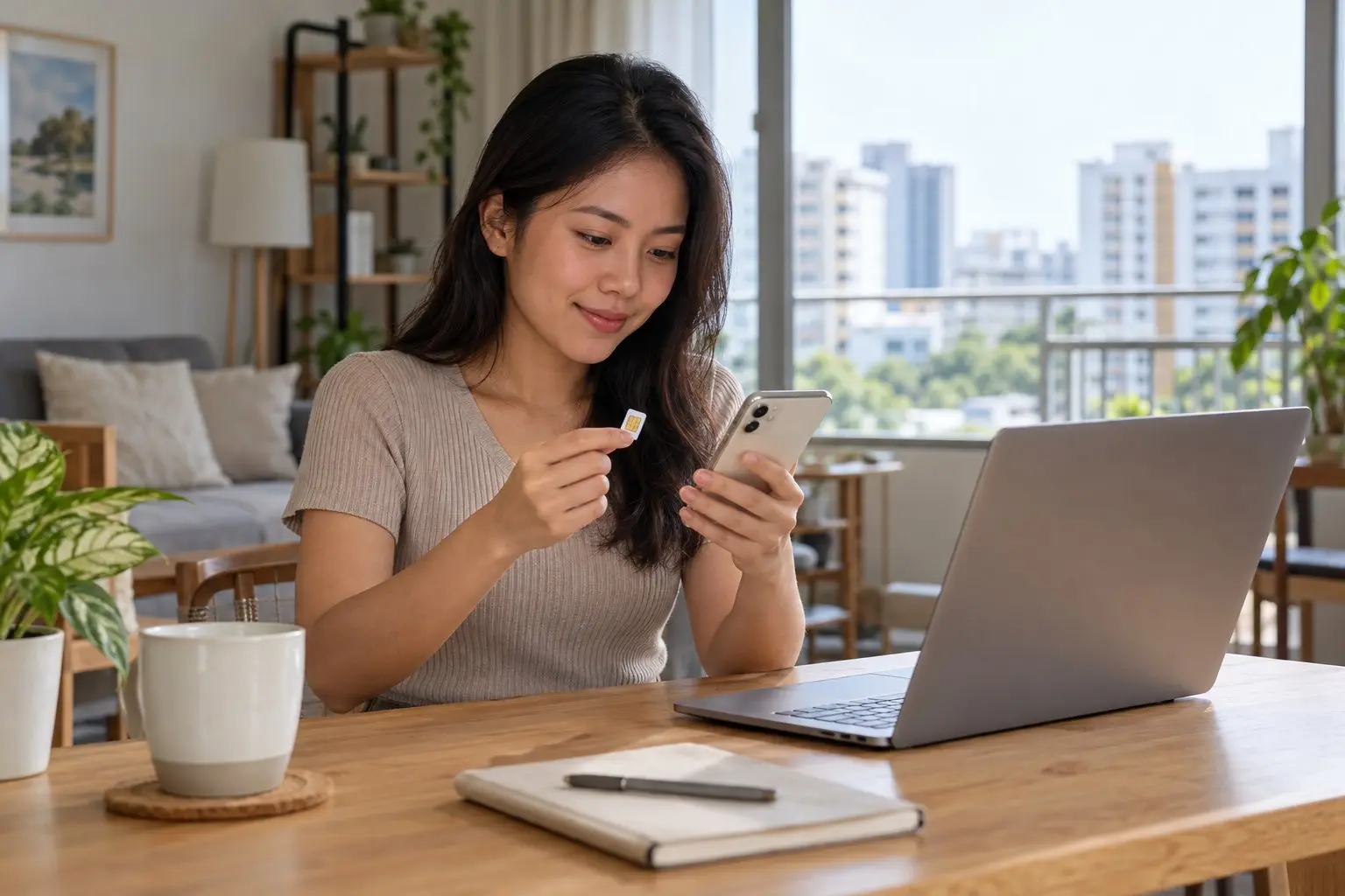 A person holding a smartphone and a new SIM card at a bright desk, mid-sign-up