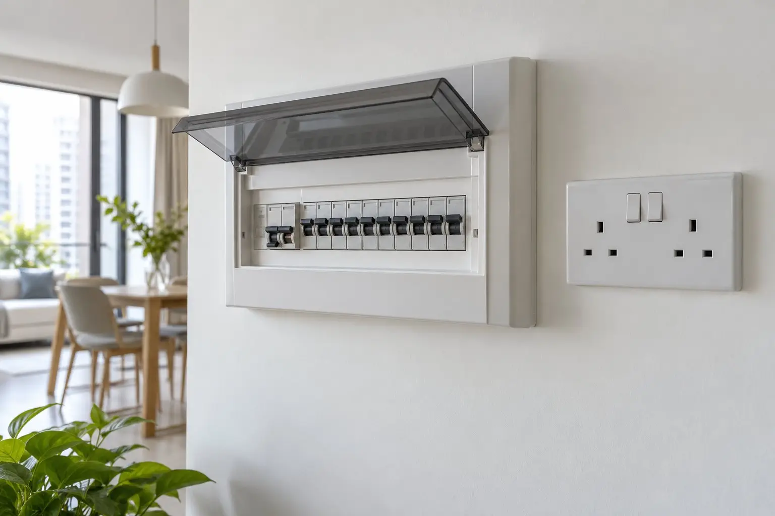 A modern electrical distribution board and wall socket in a bright flat