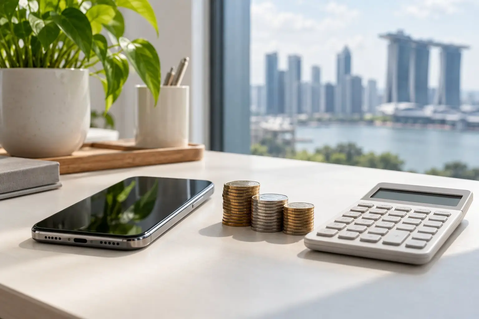 A smartphone beside a small stack of coins and a calculator on a desk