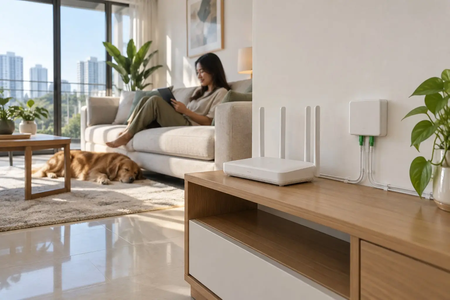 A white fibre router and a fibre termination box on a living-room wall in a bright flat
